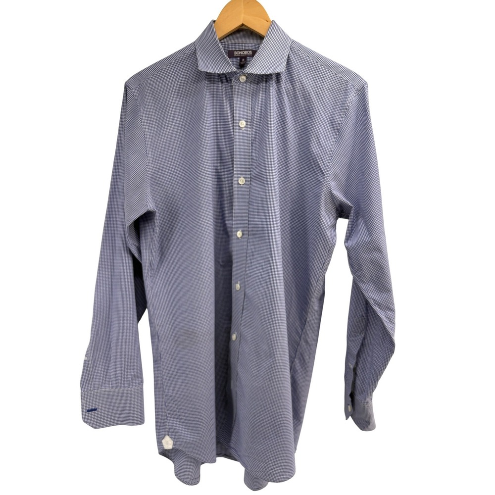 Bonobos Mens Blue White Gingham Tailored Slim Fit Italian Fabric Shirt 16 34‎